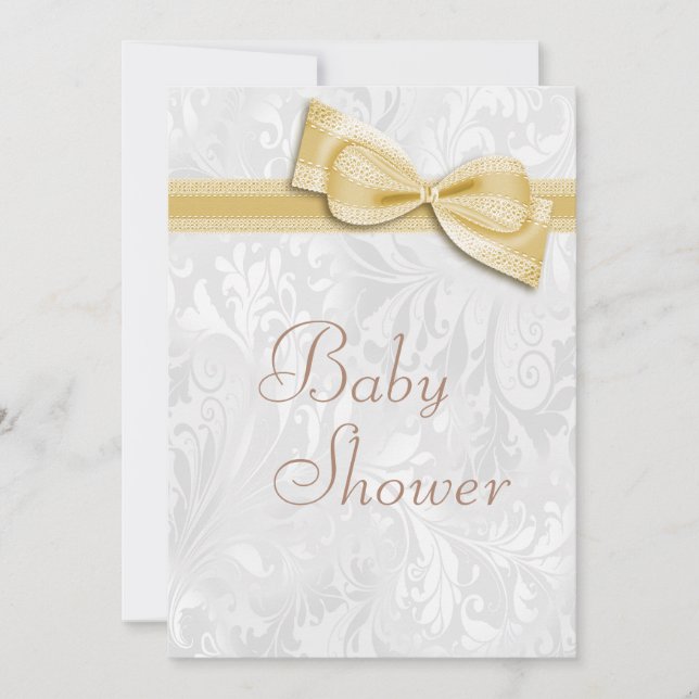 Baby Shower White Damask and Faux  Bow Invitation (Front)