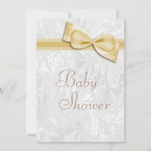 Baby Shower White Damask and Faux Bow Invitation