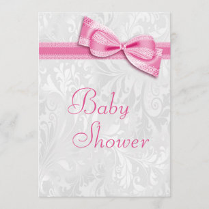 Baby Shower White Damask and Faux Pink Bow Invitation