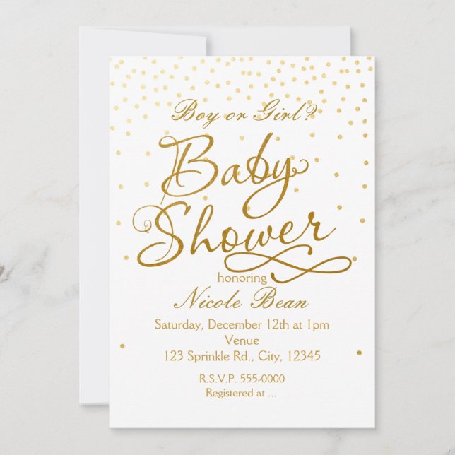 BABY SHOWER White & Gold Confetti Dot Invitations (Front)