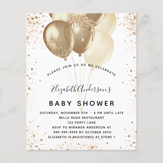 Baby Shower white gold glitter balloons budget Flyer (Front)
