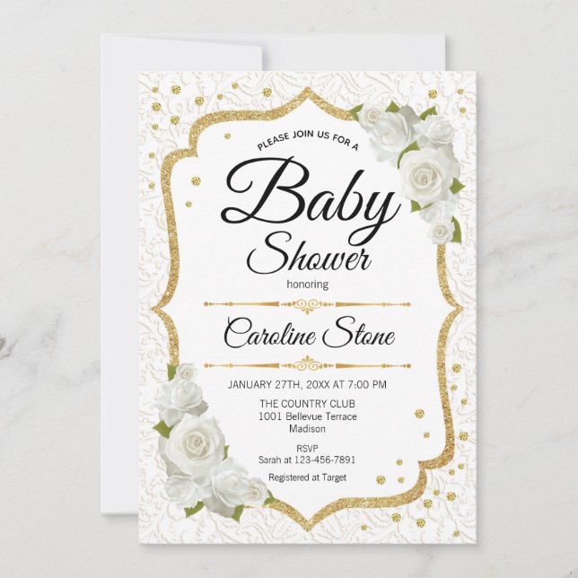 Baby Shower - White Gold Invitation (Front)