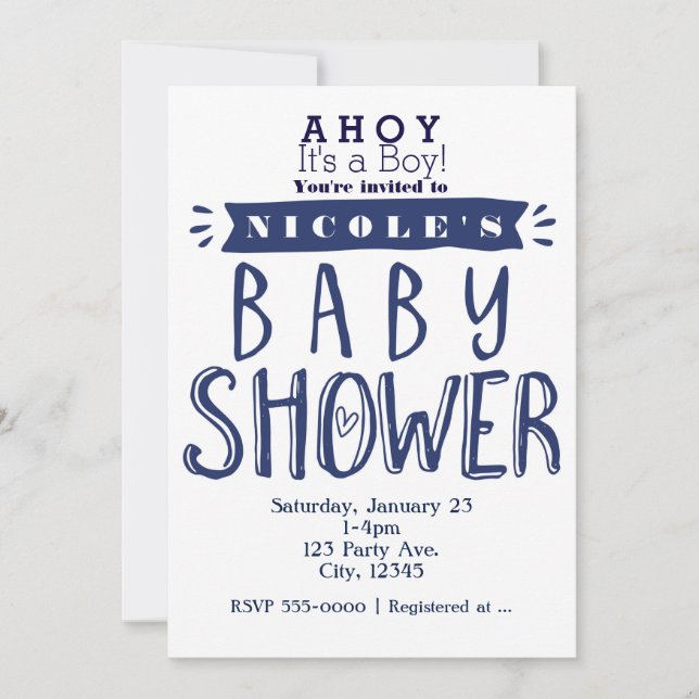 BABY SHOWER White & Navy Blue Nautical Invitations (Front)