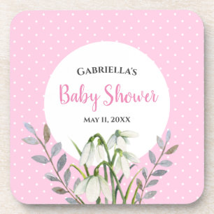 Baby Shower White Snow Drops Pink Polka Dots Coaster