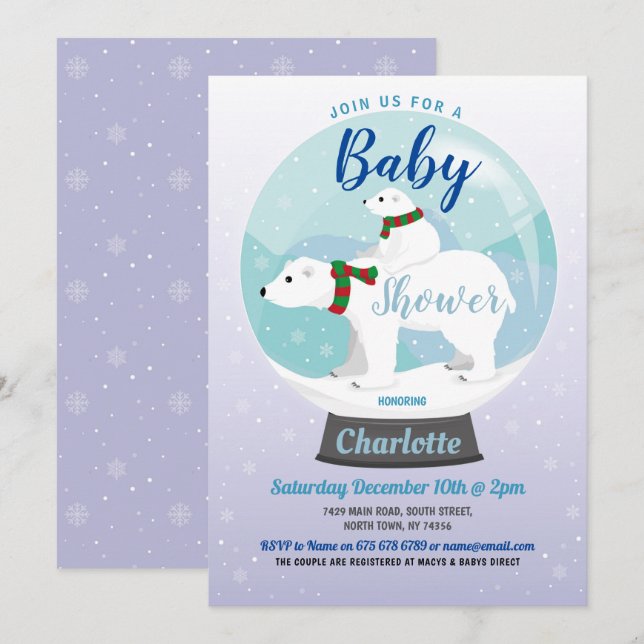 Baby Shower Winter Polar Bears Snow Globe Blue Invitation (Front/Back)