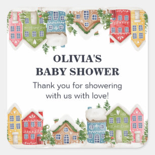Baby Shower Winter snowy village Square Sticker