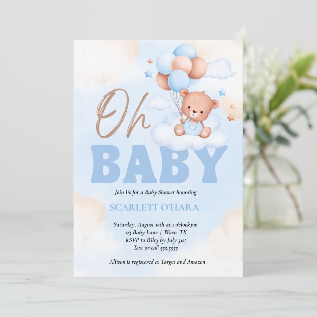 Baby shower woodland cute bear blue invitation (Standing Front)