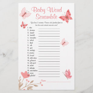 Baby Shower Word Scramble Game  Pink Butterflies Flyer