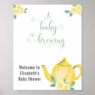 Baby Shower Yellow Teapot and Flowers Welcome Poster