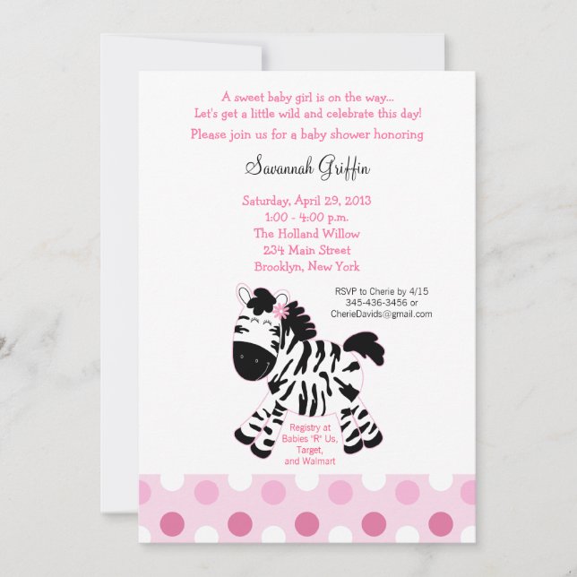Baby shower Zèbre rose mignon 5x7 Invitation (Devant)