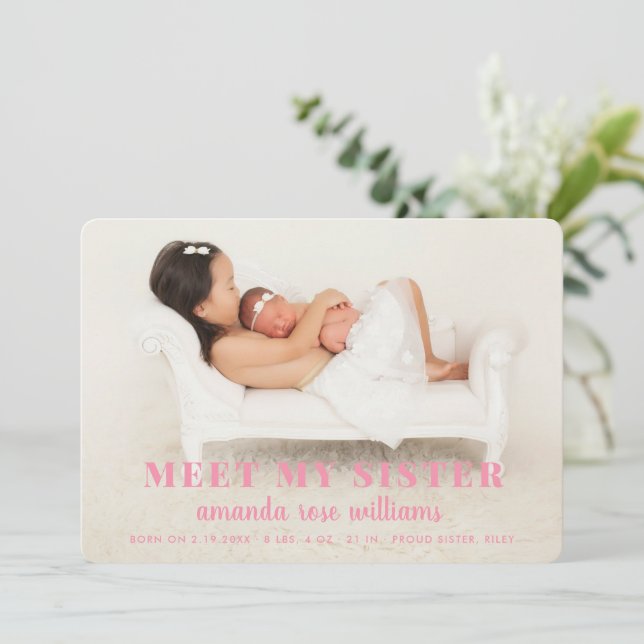 Baby Sister Birth Announcement Card_Pink (Standing Front)