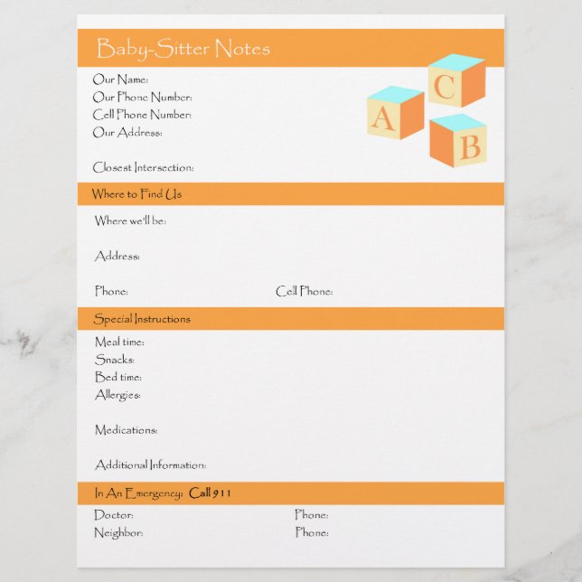 Baby Sitter List of information and Instructions Flyer (Front)