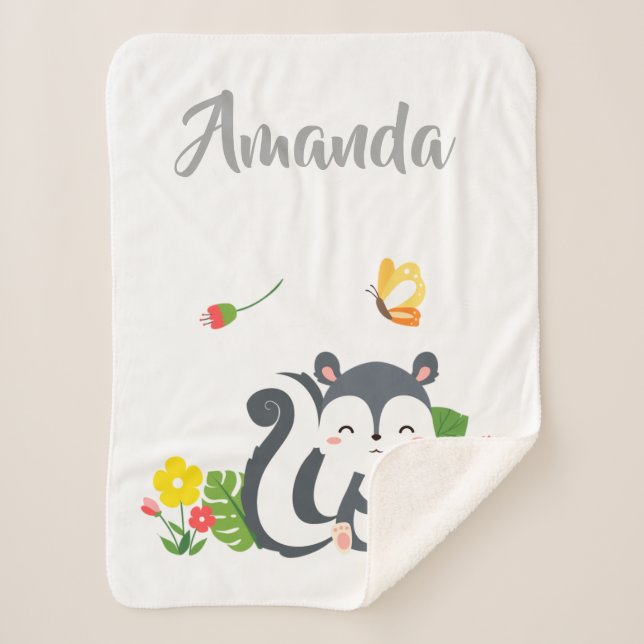 Baby Skunk, Butterfly & Flowers Sherpa Blanket (Front)