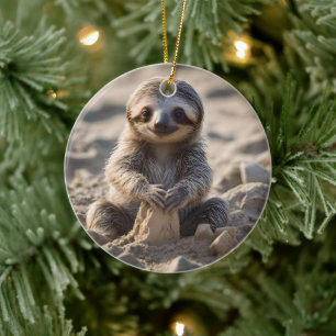 Baby Sloth Building Sand Castles, Ceramic Ornament
