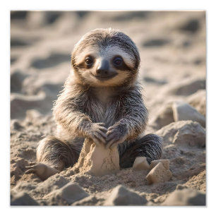 Baby Sloth Building Sand Castles, Photo Print