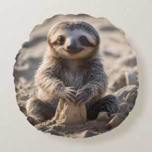 Baby Sloth Building Sand Castles, Round Pillow
