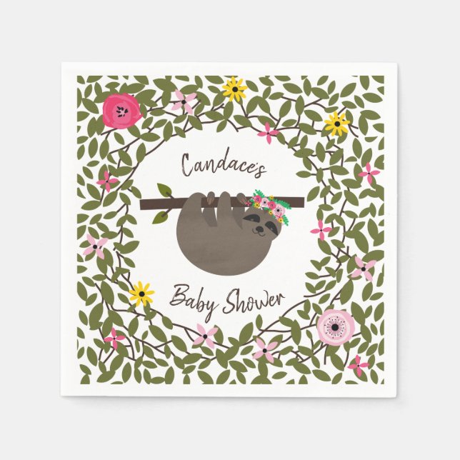 Baby Sloth Floral Greenery Baby Shower Napkin (Front)