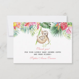 Baby Sloth Tropical Floral Baby Shower Thank You Card