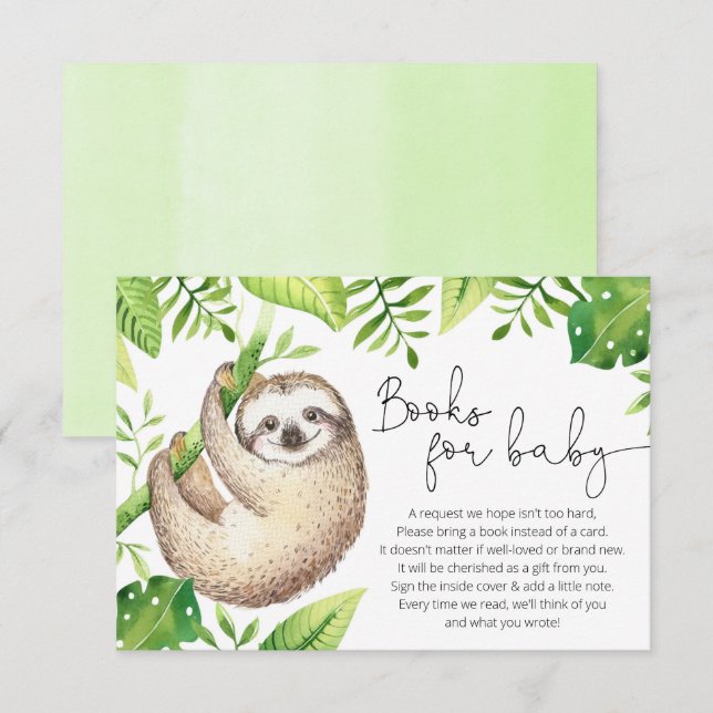 Baby sloth tropical greenery books for baby enclosure card (Front/Back)