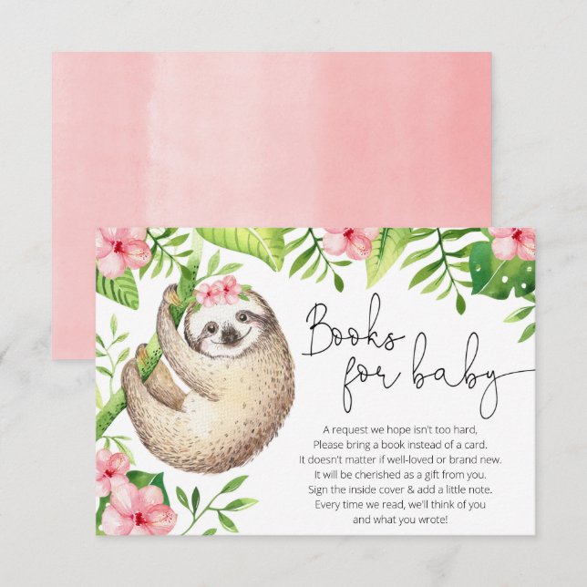 Baby sloth tropical pink greenery books for baby enclosure card (Front/Back)