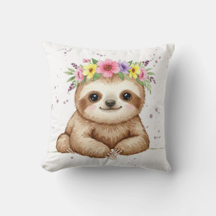 Baby sloth with flower crown throw pillow