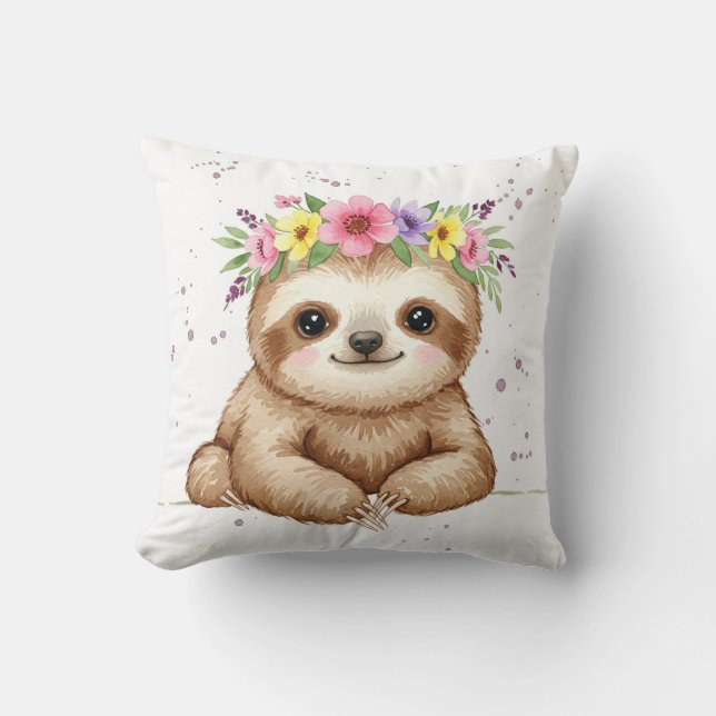 Baby sloth with flower crown throw pillow (Front)