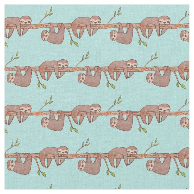 Baby Sloths hanging on Tree Pattern Fabric (Close Up)