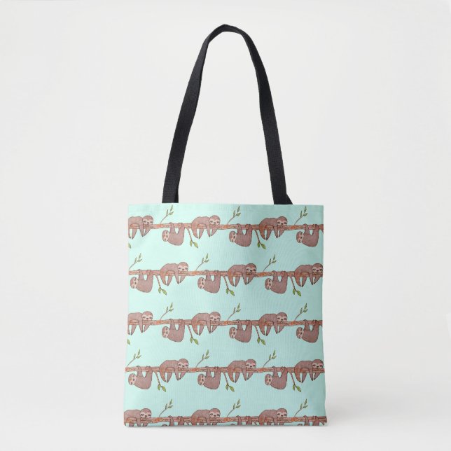 Baby Sloths hanging on Tree Pattern Tote Bag (Front)