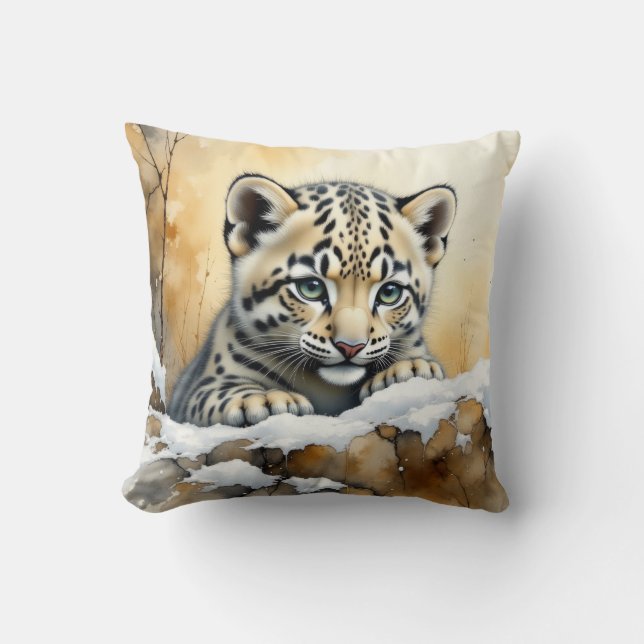 Baby Snow Leopard Throw Pillow (Front)