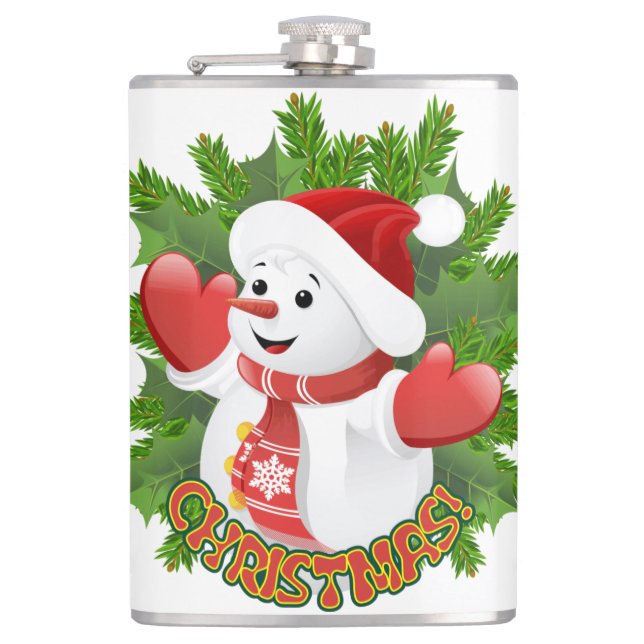 Baby Snowman with Crystal Snowflakes Ornament Hip Flask (Front)