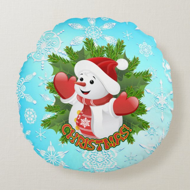 Baby Snowman with Crystal Snowflakes Ornament Round Pillow (Front)