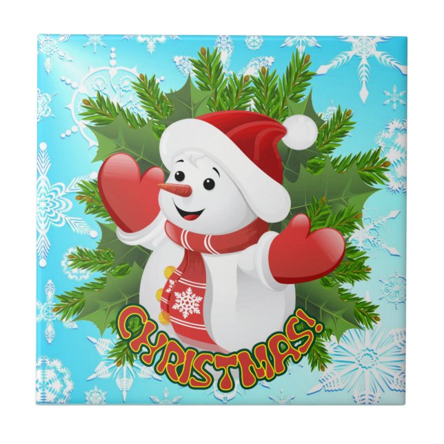 Baby Snowman with Crystal Snowflakes Ornament Tile (Front)