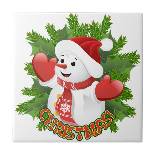 Baby Snowman with Crystal Snowflakes Ornament Tile (Front)