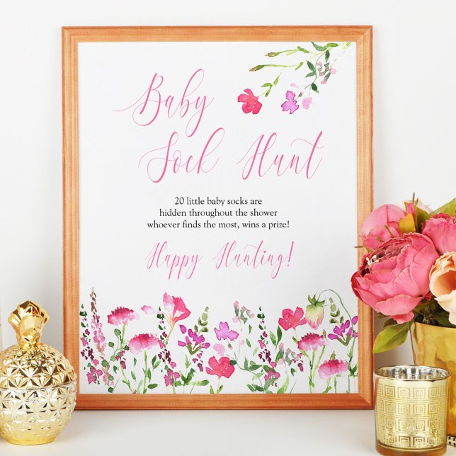 Baby Sock Hunt Pink Wildflower Baby Shower Game Poster (Baby Shower Game Sign from my Pink Wildflower Collection. Message me for co-ordinating items.)