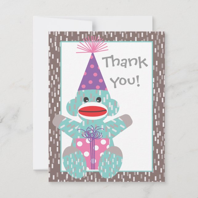 Baby Sock Monkey Birthday Thank you note card (Front)
