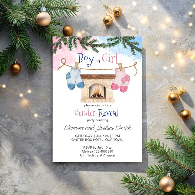 Baby socks winter Christmas gender reveal  Invitation (Baby socks winter Christmas gender reveal pink blue Invitation template)