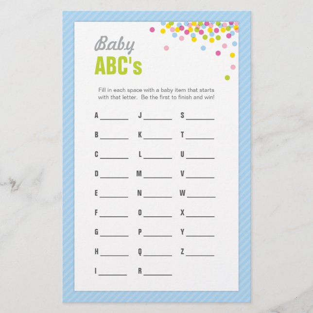 Baby Sprinkle / Baby Shower ABCs Game - Blue (Front)