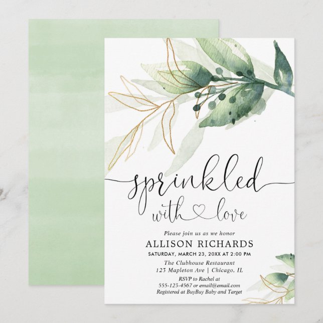 Baby sprinkle gender neutral greenery gold green invitation (Front/Back)