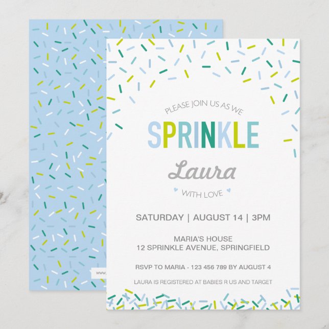 Baby Sprinkle Invitation, Blue / Green Sprinkles Invitation (Front/Back)