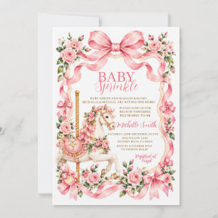 Baby Sprinkle Pink Bow Carousel Horse Floral Roses Invitation