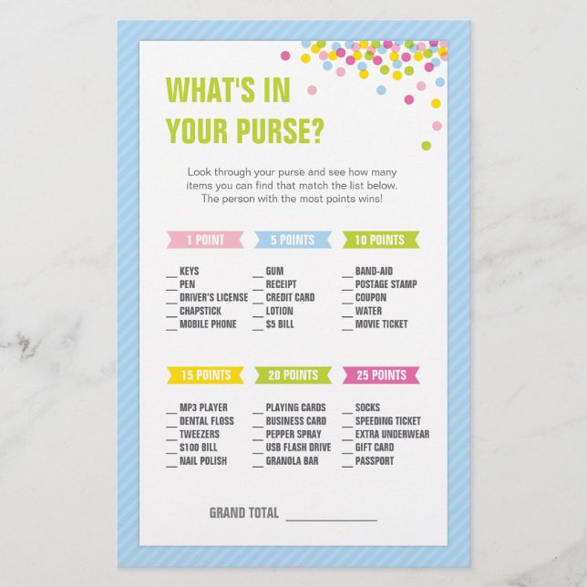 Baby Sprinkle What's in your Purse Game - Blue (Front)