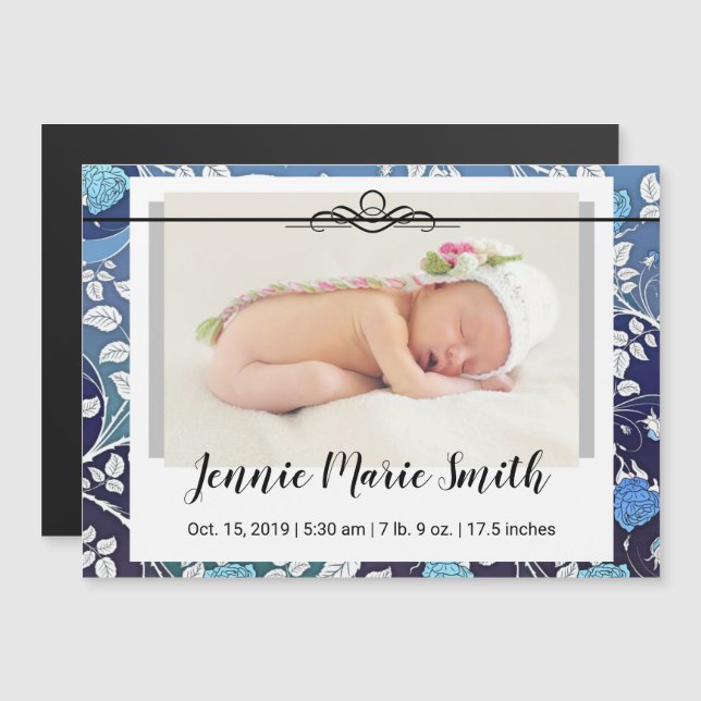 Baby Stats Announcement Blue Floral Fancy Script (Front/Back)