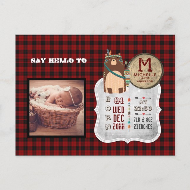 BABY STATS PHOTO Announcement Buffalo Plaid Bear Postcard (Front)