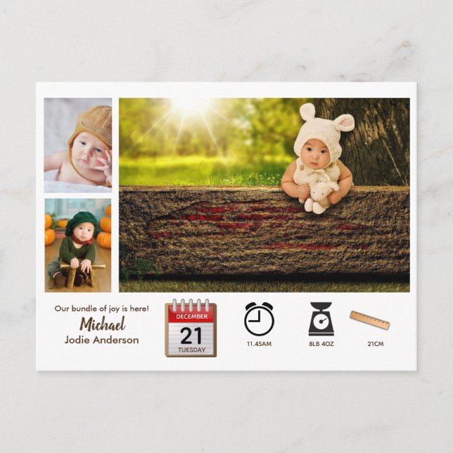 BABY STATS Photo Collage Announcement Modern Icons Postcard (Front)