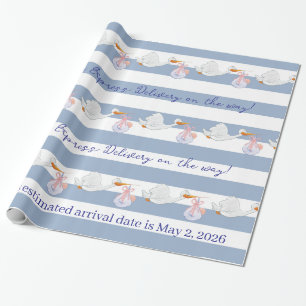 Baby Stork Wrapping Paper Blue & White Stripe