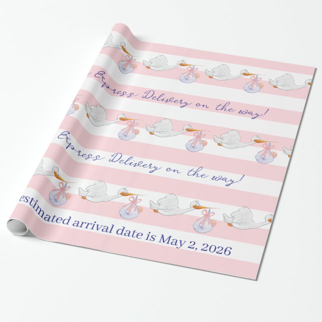 Baby Stork Wrapping Paper Pink & White Stripe  (Unrolled)