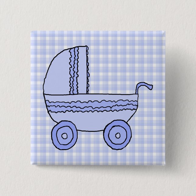 Baby Stroller. Light Blue on Check Pattern. 2 Inch Square Button (Front)