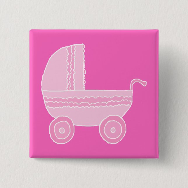 Baby Stroller. Light Pink and Bright Pink. 2 Inch Square Button (Front)
