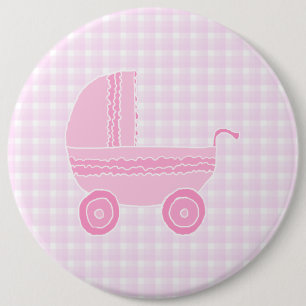 Baby Stroller. Light Pink on Pink Gingham. 6 Inch Round Button