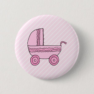 Baby Stroller. Pink on Light Pink Stripes. 2 Inch Round Button